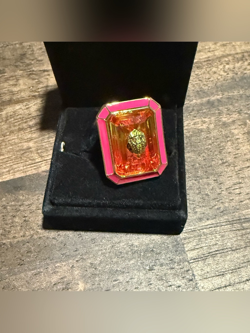 Kurt Geiger iridescent pink crystal statement ring with bronze owl detail Size 7